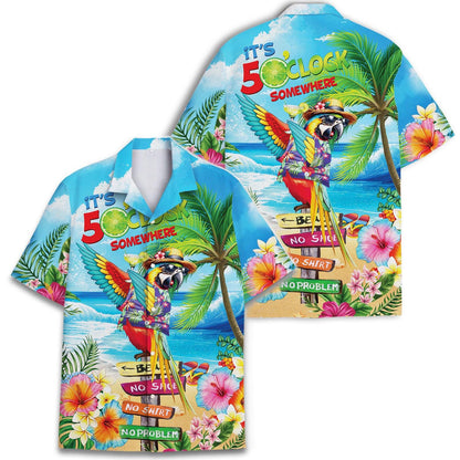 Front and back views of colorful parrot tropical Hawaiian shirt