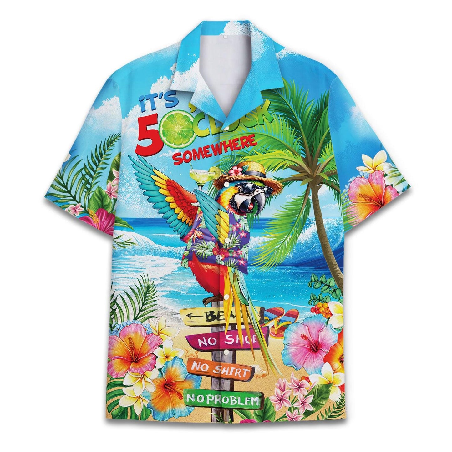 Front view of tropical Hawaiian shirt with parrot, palm trees, hibiscus, and beach scene