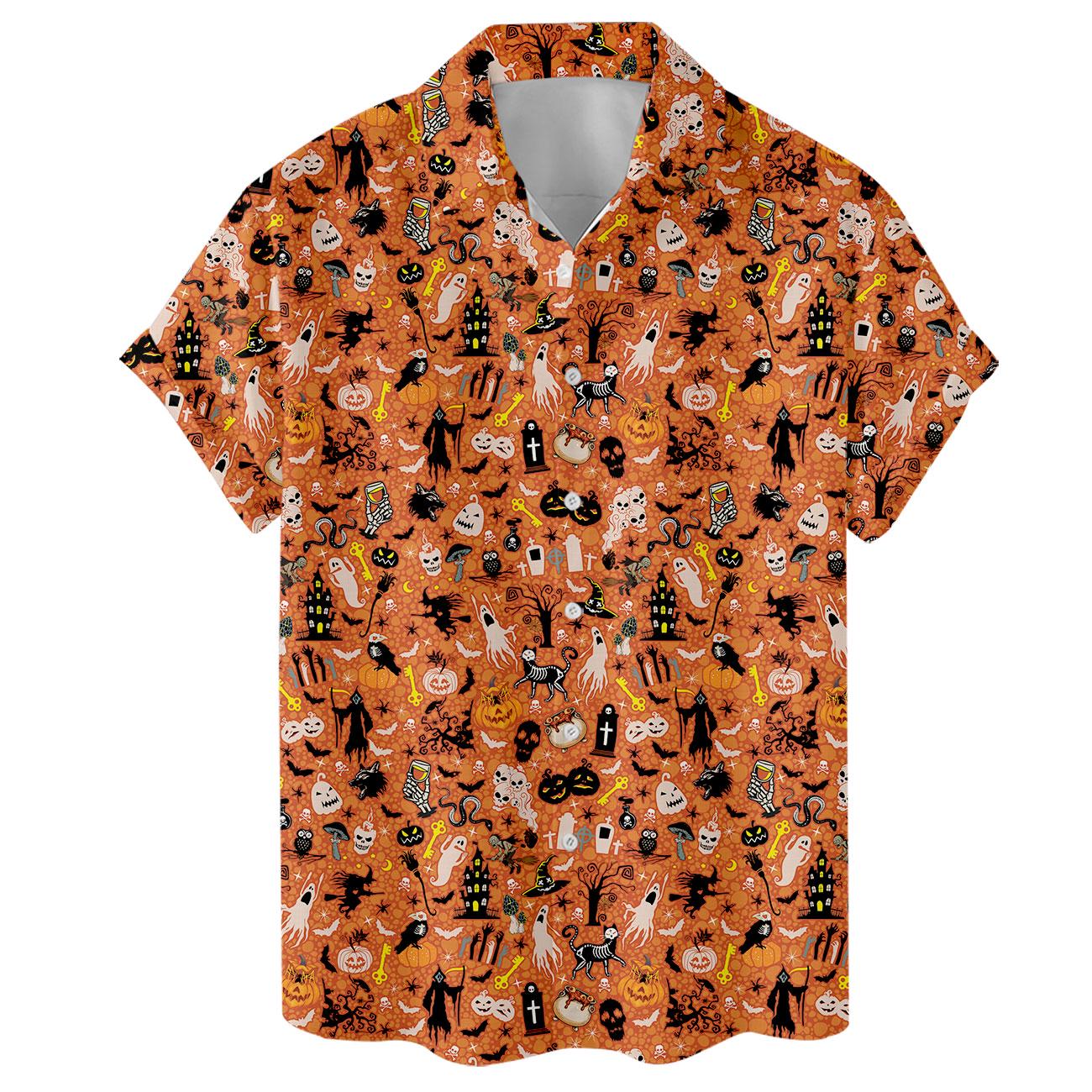 Orange short-sleeve Hawaiian shirt with dense haunted character print