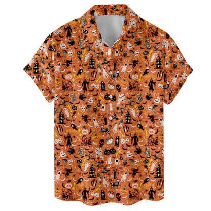 Orange short-sleeve Hawaiian shirt with dense haunted character print