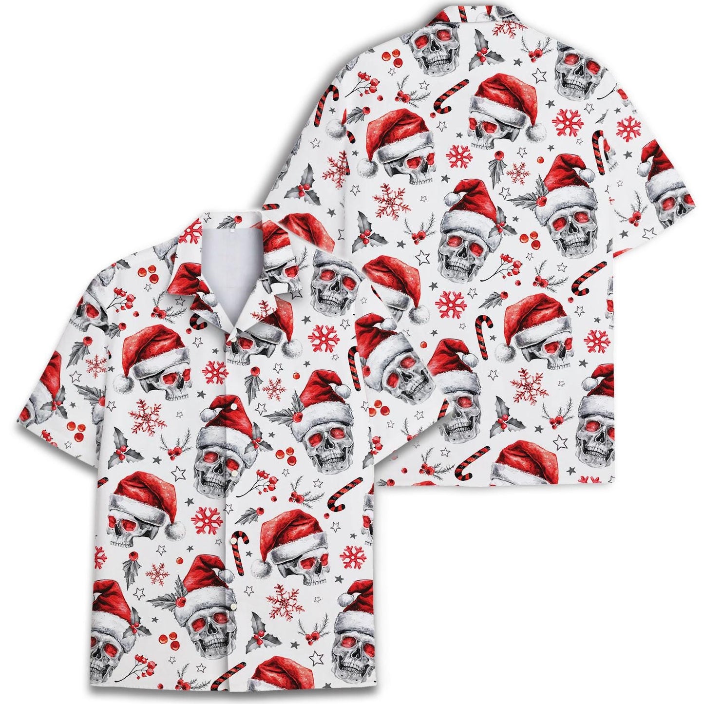 Two views of Christmas skull Hawaiian shirt showing the festive all-over print