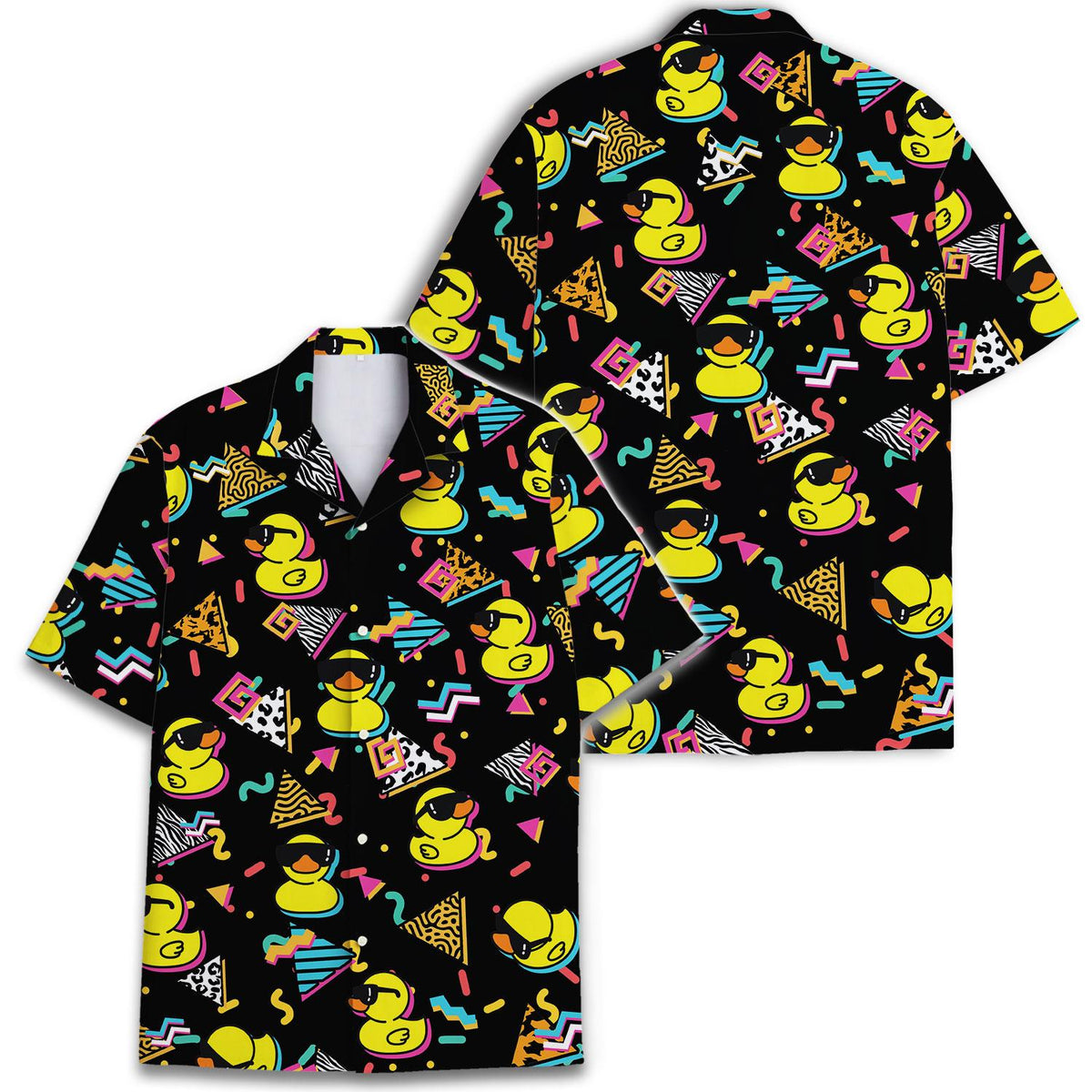 Front and back view of a colorful rubber duck Hawaiian shirt with an allover 80s-inspired print