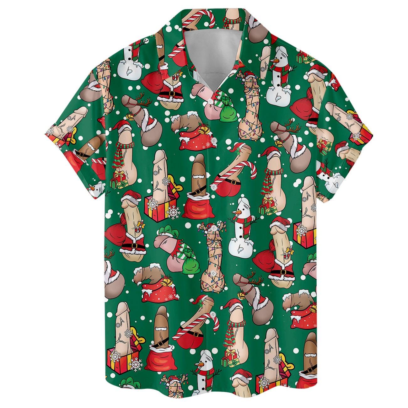 Front view of a short-sleeve green Hawaiian shirt with Santa hats, snowmen, presents and candy canes