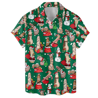 Front view of a short-sleeve green Hawaiian shirt with Santa hats, snowmen, presents and candy canes