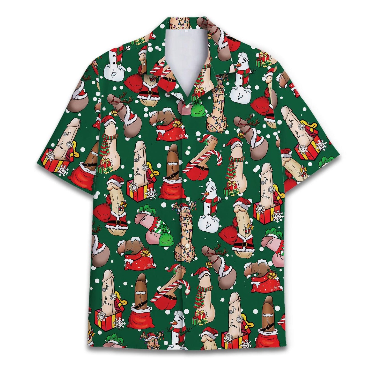 Front view of a green Christmas Hawaiian shirt covered in colorful Santa, snowman, gift and candy cane motifs