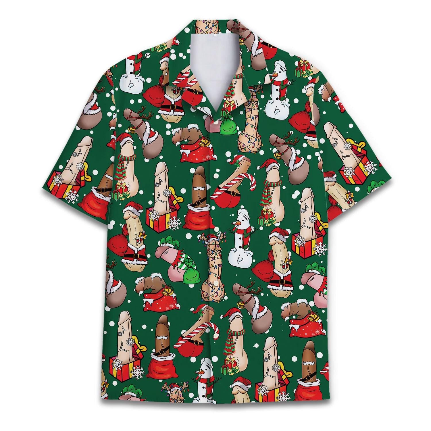 Front view of a green Christmas Hawaiian shirt covered in colorful Santa, snowman, gift and candy cane motifs