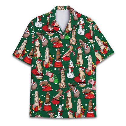 Front view of a green Christmas Hawaiian shirt covered in colorful Santa, snowman, gift and candy cane motifs