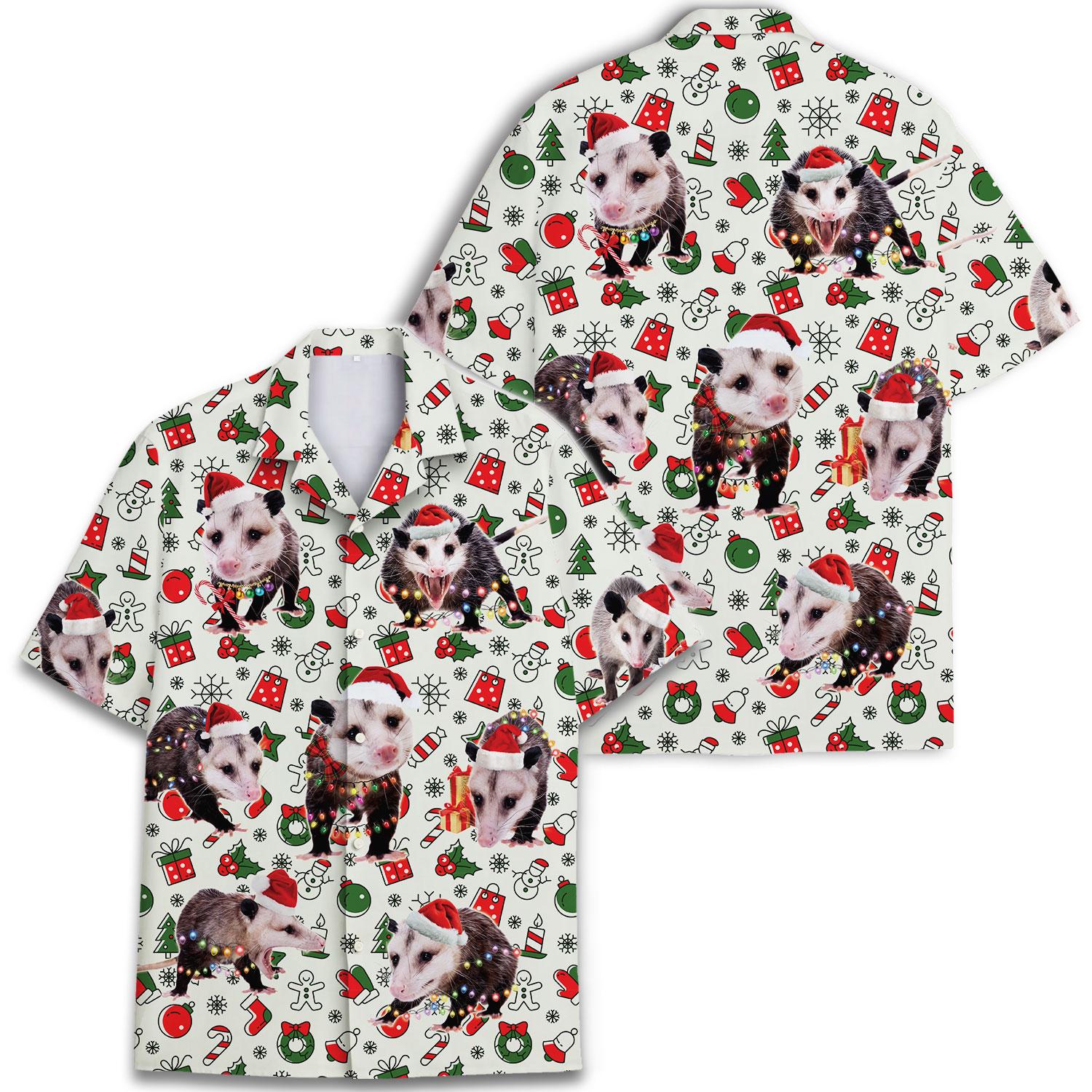 Two matching Christmas opossum Hawaiian shirts displayed together from front and back