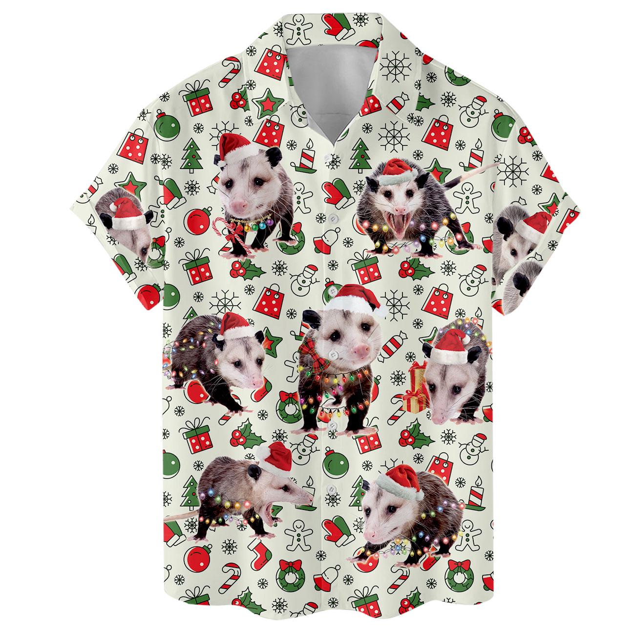 Front view of a festive opossum shirt with Santa hats, ornaments, gifts, and Christmas trees