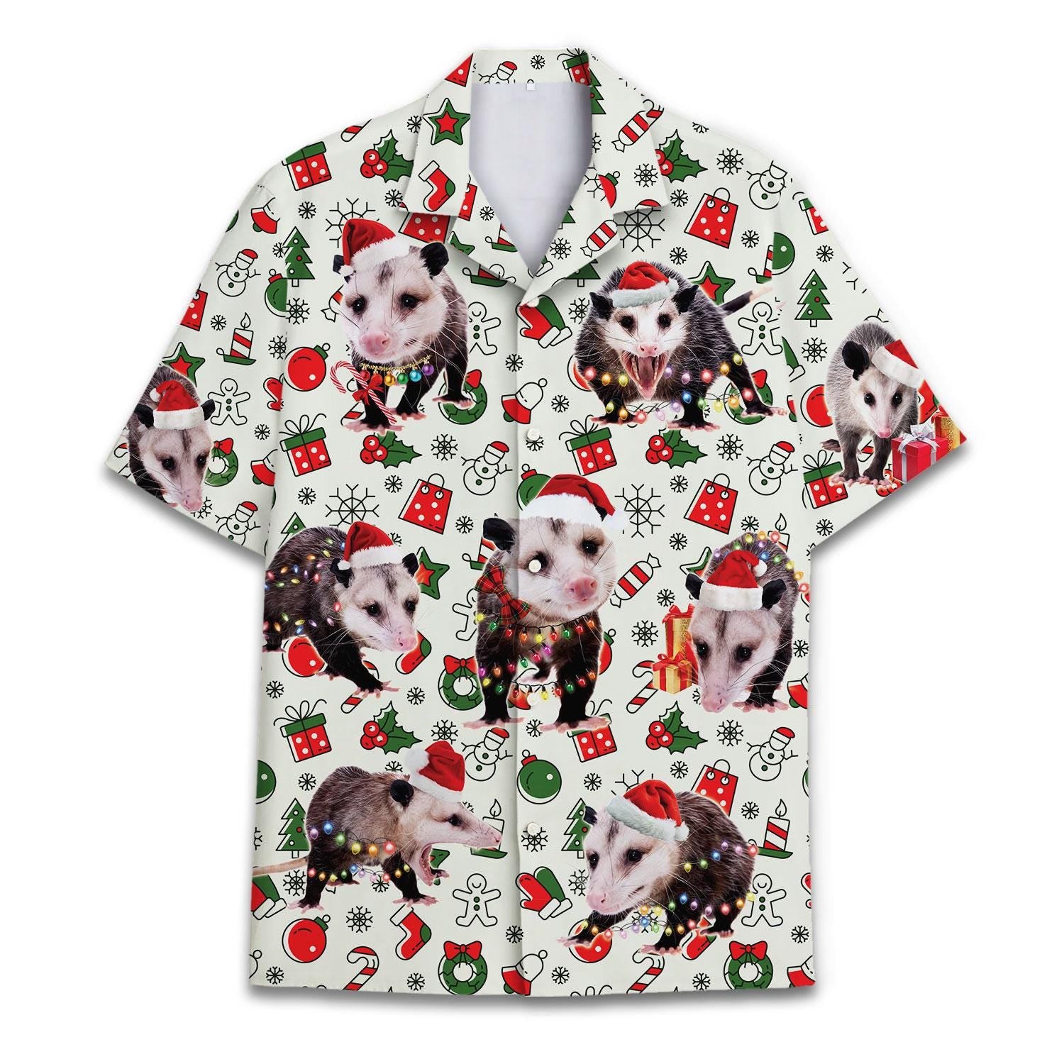Front view of a Christmas Hawaiian shirt covered in opossums wearing Santa hats and festive holiday icons