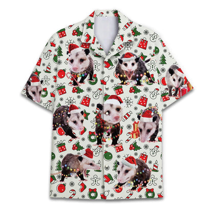 Front view of a Christmas Hawaiian shirt covered in opossums wearing Santa hats and festive holiday icons