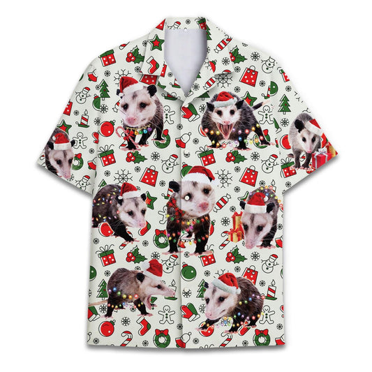 Front view of a Christmas Hawaiian shirt covered in opossums wearing Santa hats and festive holiday icons