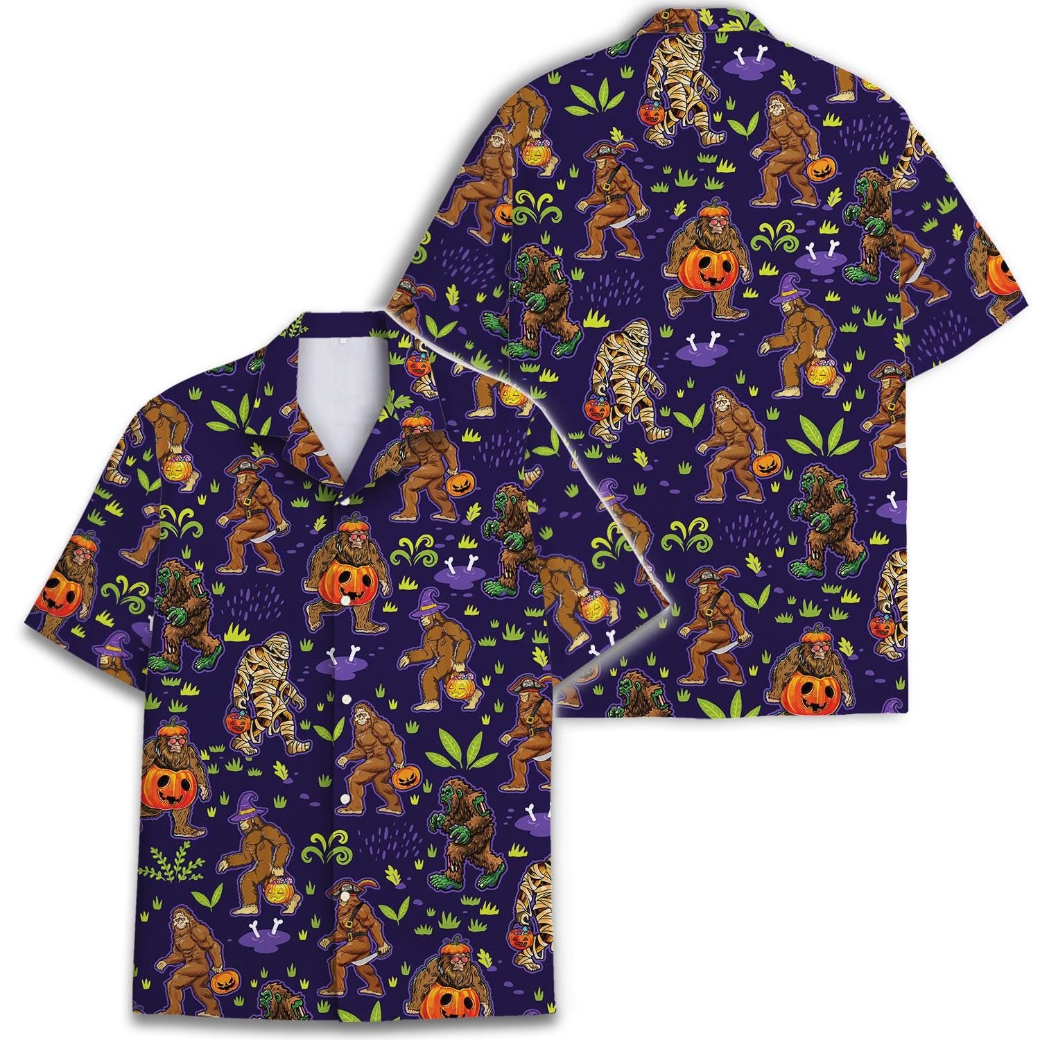 Two purple Halloween Hawaiian shirts showing the Bigfoot and Sasquatch print from front and back
