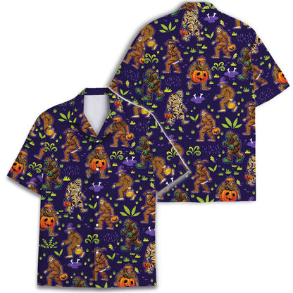 Two purple Halloween Hawaiian shirts showing the Bigfoot and Sasquatch print from front and back