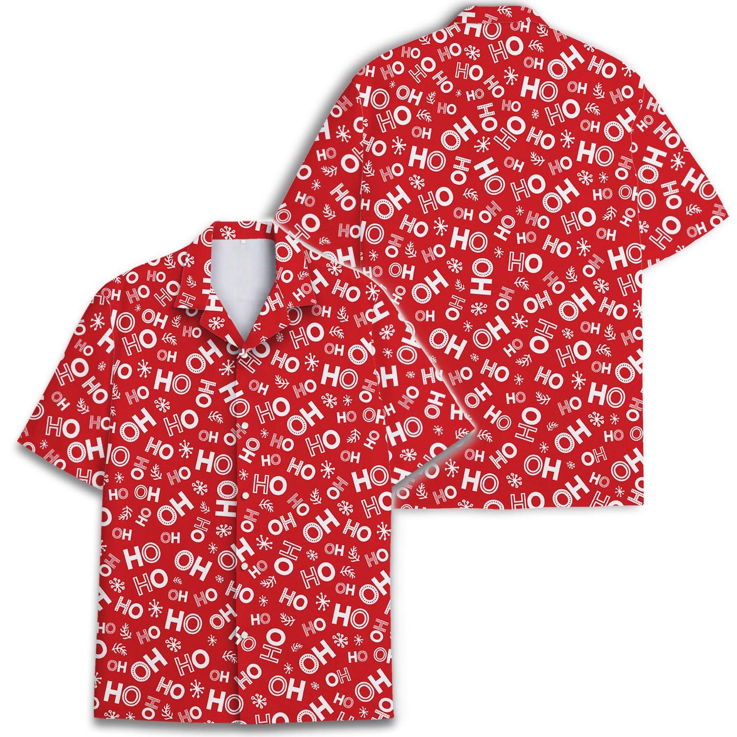 Red HO holiday Hawaiian shirt shown from front and back