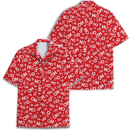 Red HO holiday Hawaiian shirt shown from front and back