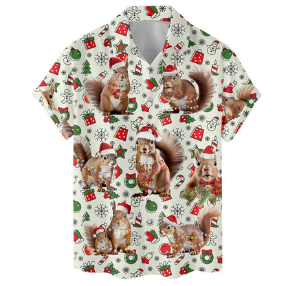 Front view of an allover Santa squirrel holiday button-up shirt