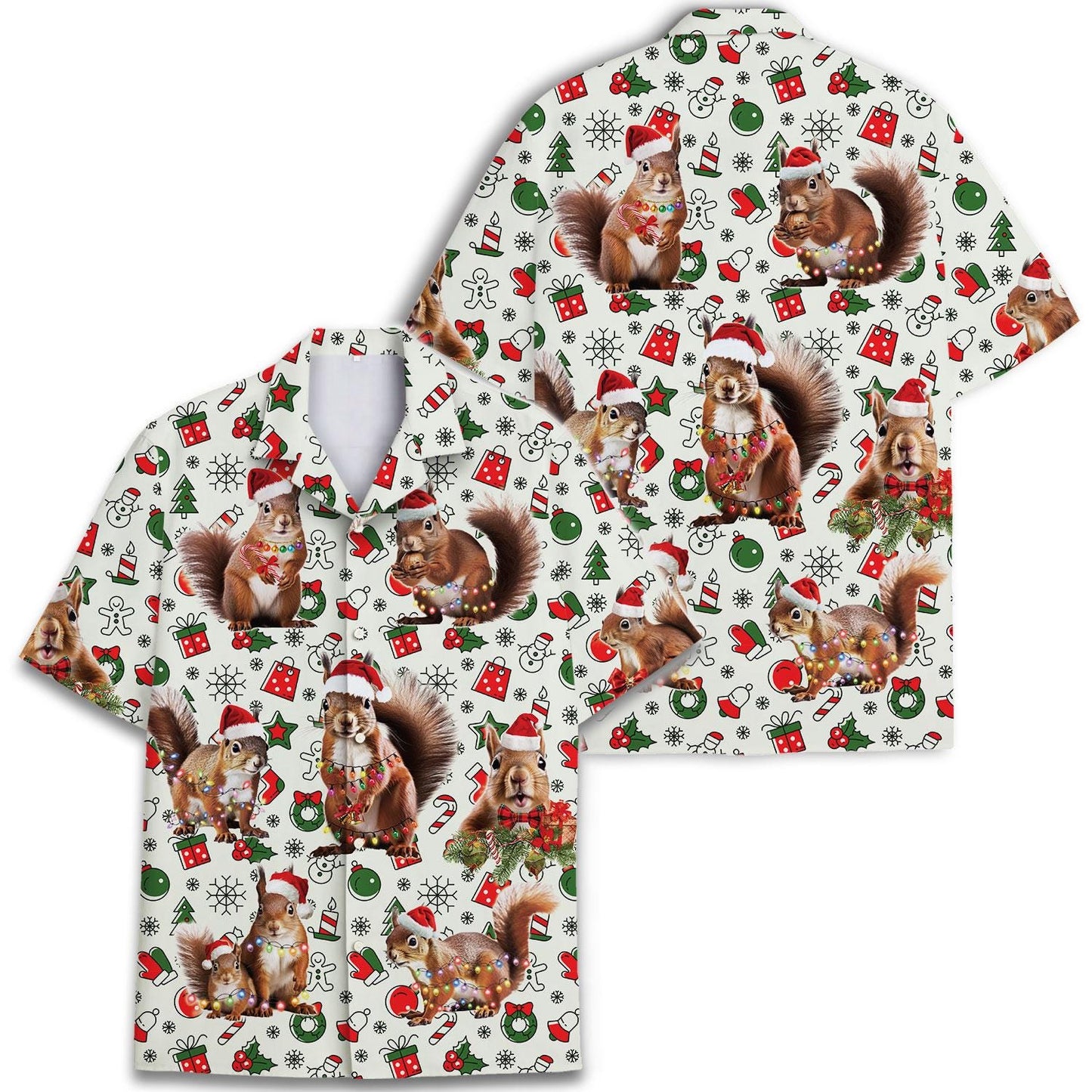 Two Christmas squirrel Hawaiian shirts displayed together in different views