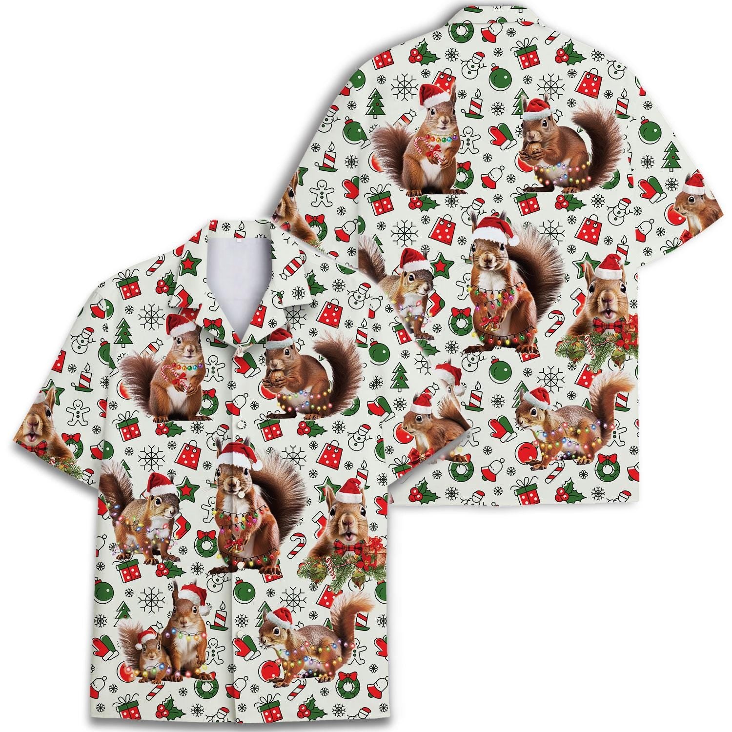 Two Christmas squirrel Hawaiian shirts displayed together in different views