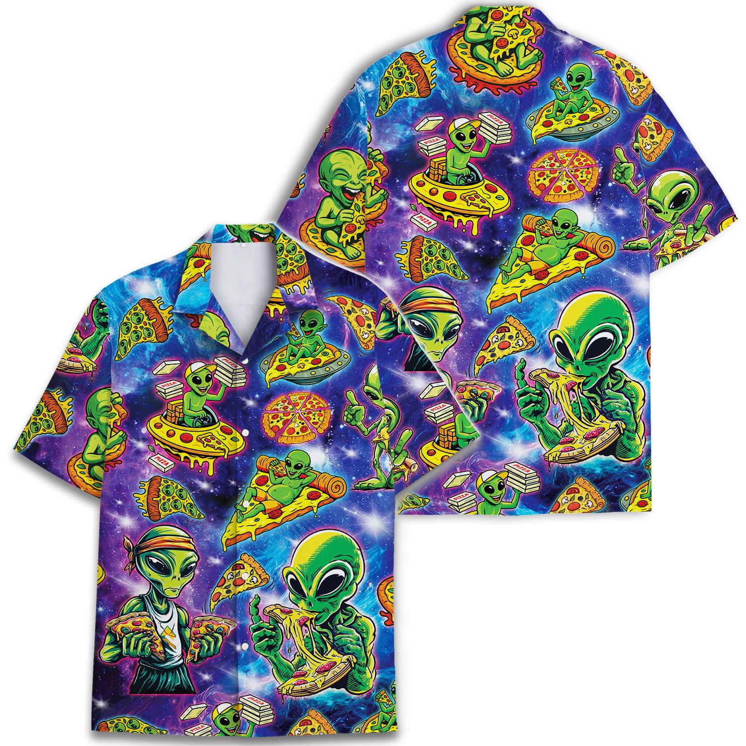 Alien pizza Hawaiian shirt shown with a second shirt