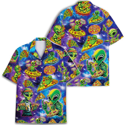 Alien pizza Hawaiian shirt shown with a second shirt