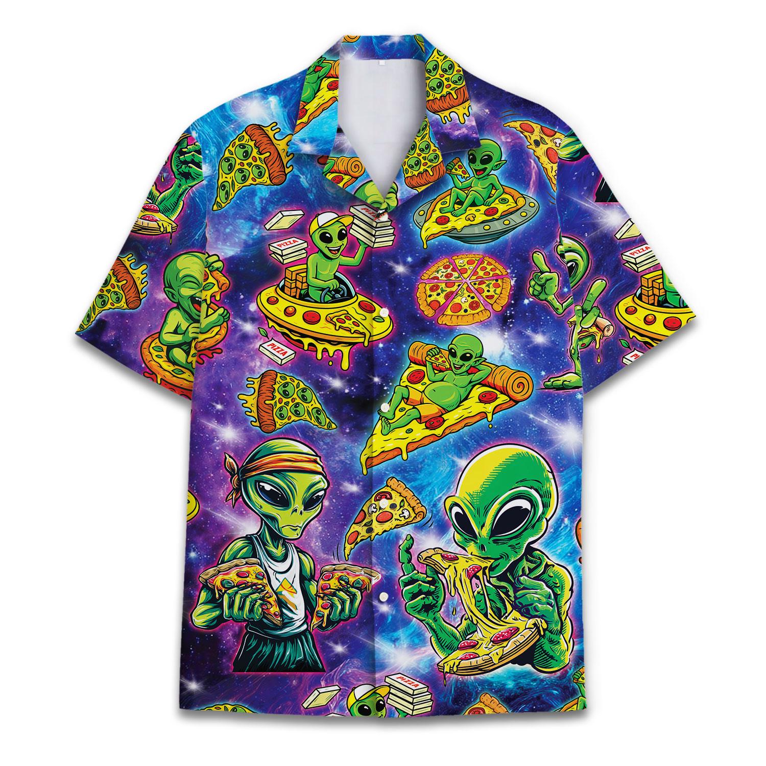 Colorful alien pizza Hawaiian shirt front view