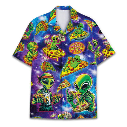 Colorful alien pizza Hawaiian shirt front view