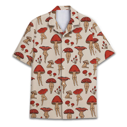 Front view of cream Hawaiian shirt with red mushroom and whimsical botanical figure print