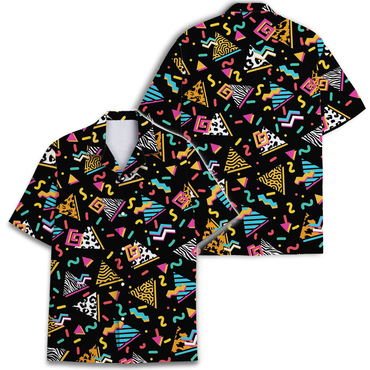 Black short-sleeve Hawaiian shirt shown from the front and back