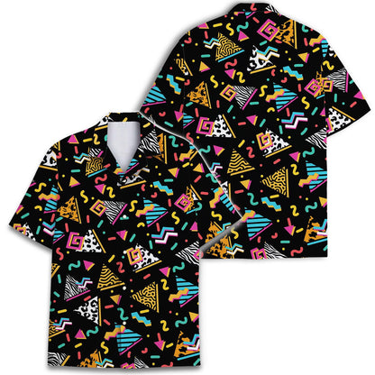 Black short-sleeve Hawaiian shirt shown from the front and back