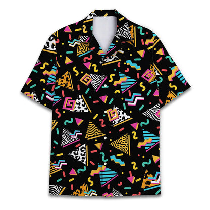 Front view of a black Hawaiian shirt with a colorful abstract geometric print