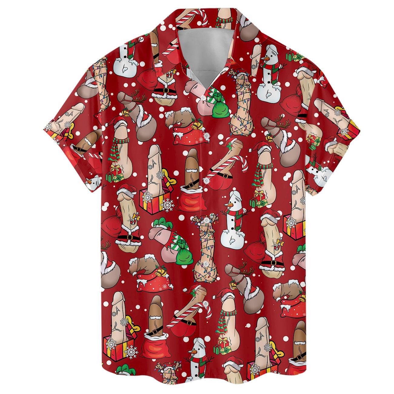 Front view of red short sleeve holiday Hawaiian shirt