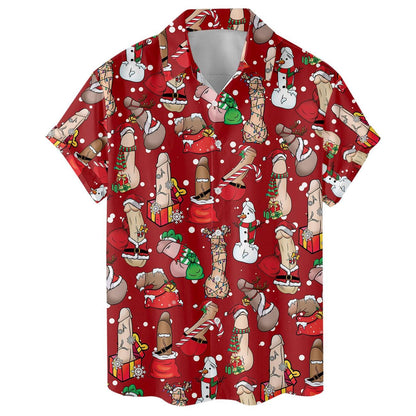 Front view of red short sleeve holiday Hawaiian shirt