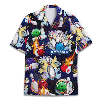 Front view of colorful bowling Hawaiian shirt with pins and balls