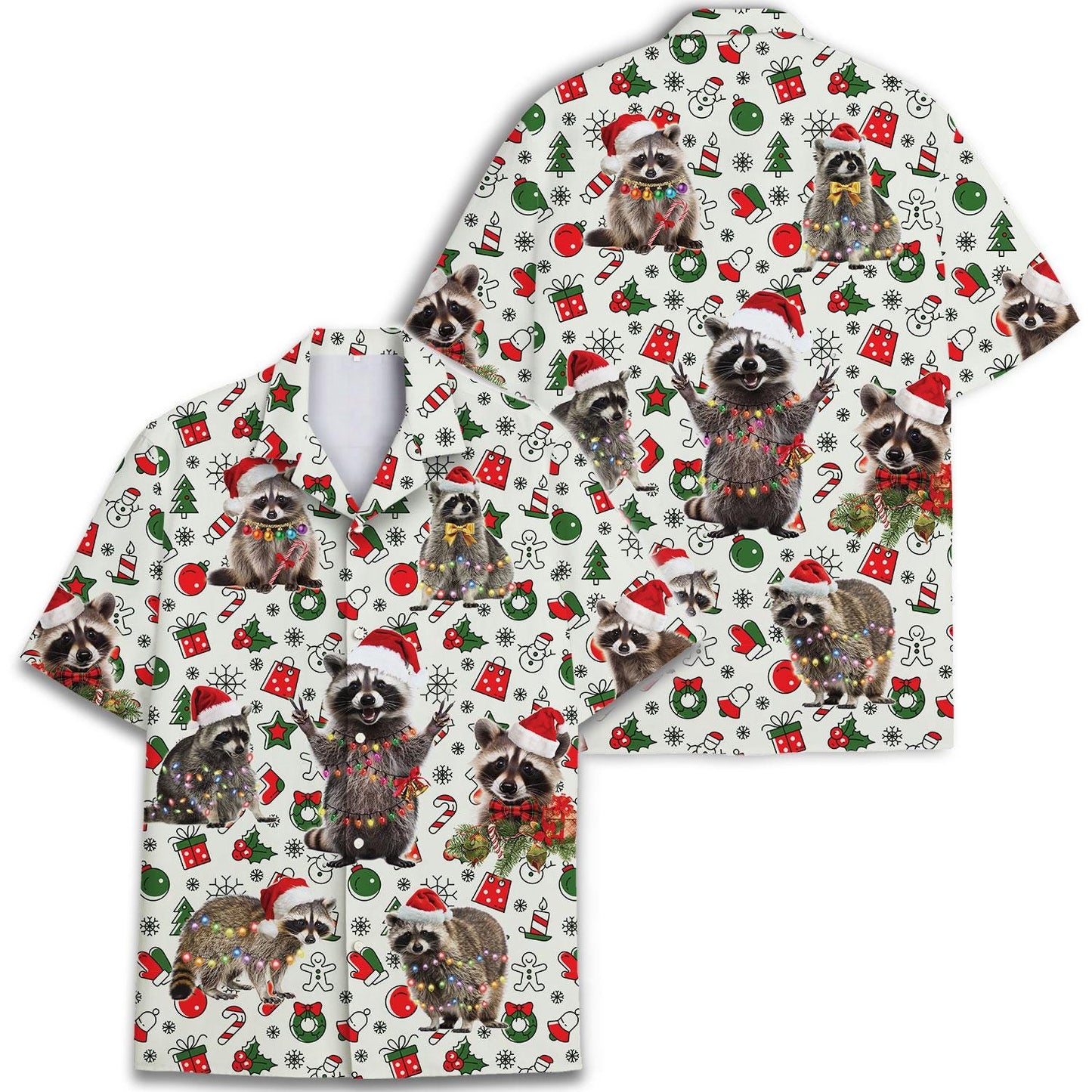 Two views of festive raccoon Christmas Hawaiian shirt