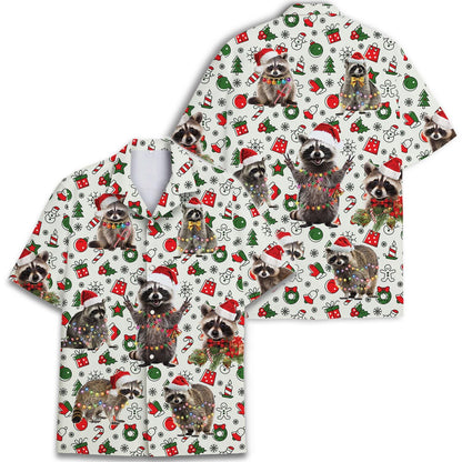 Two views of festive raccoon Christmas Hawaiian shirt