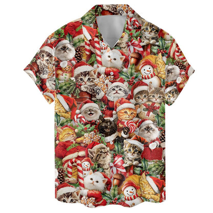 Front view of Christmas kitten Hawaiian shirt with poinsettias, presents and candy canes