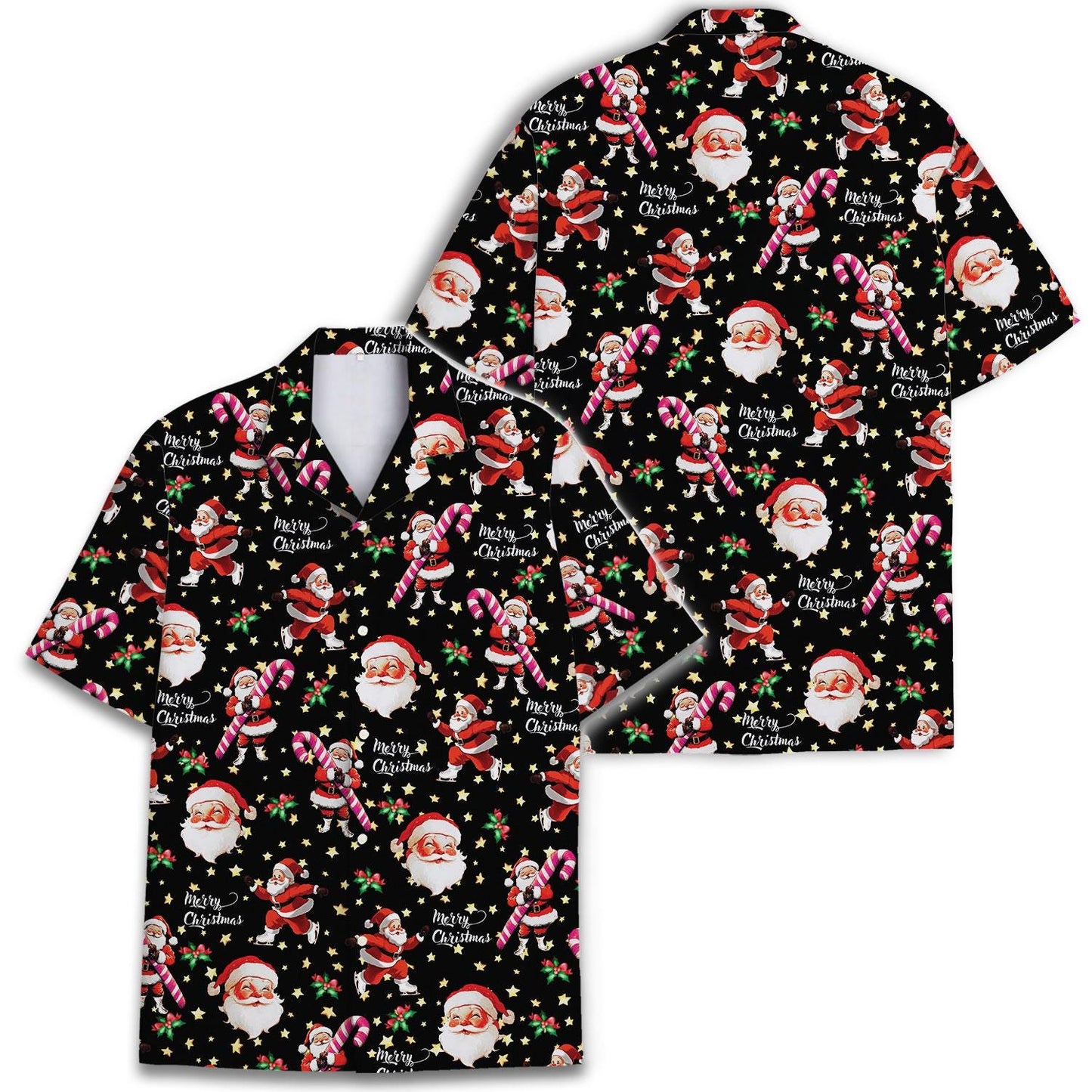 Matching Christmas Hawaiian shirts with Santa and candy cane print