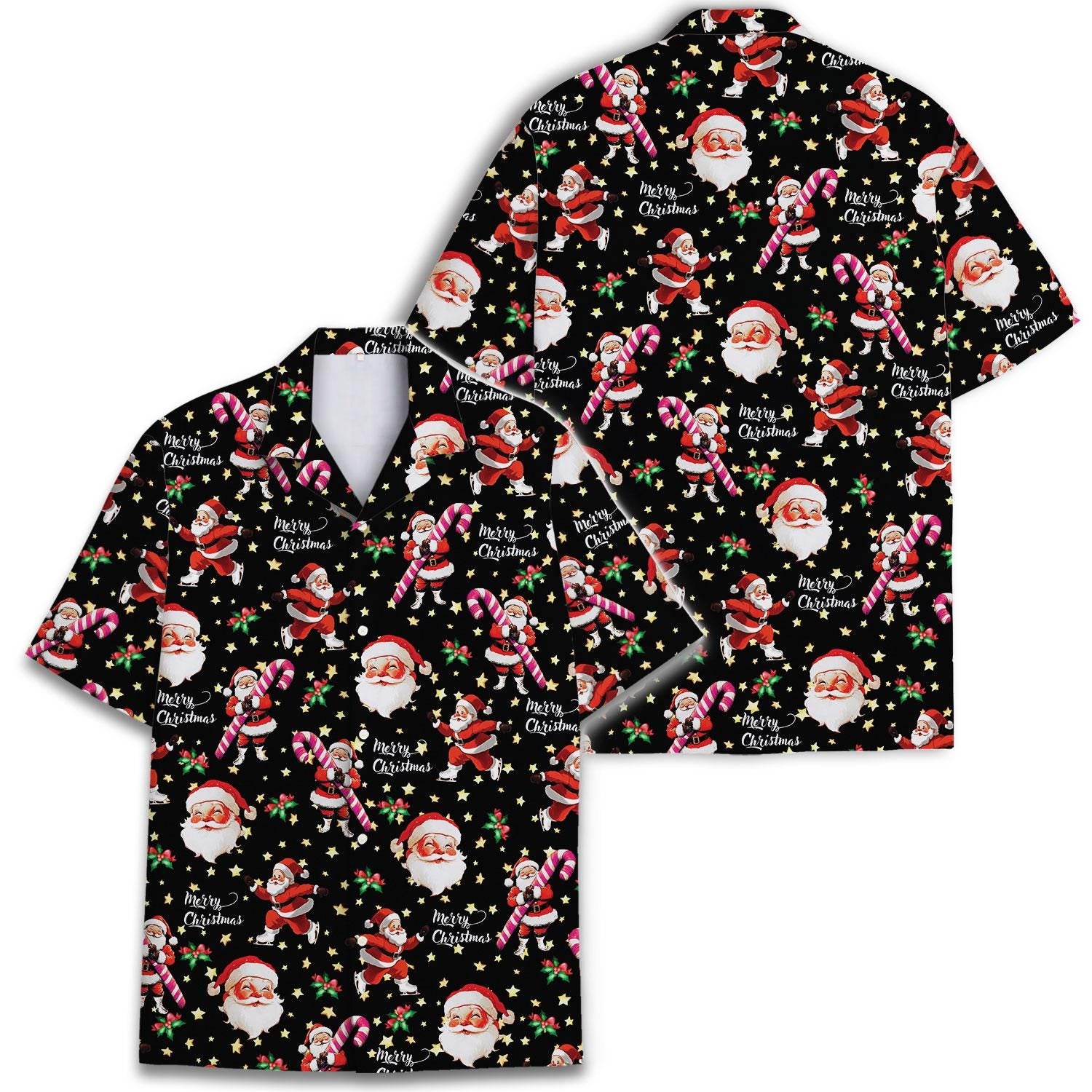 Matching Christmas Hawaiian shirts with Santa and candy cane print