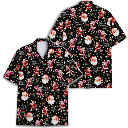 Matching Christmas Hawaiian shirts with Santa and candy cane print
