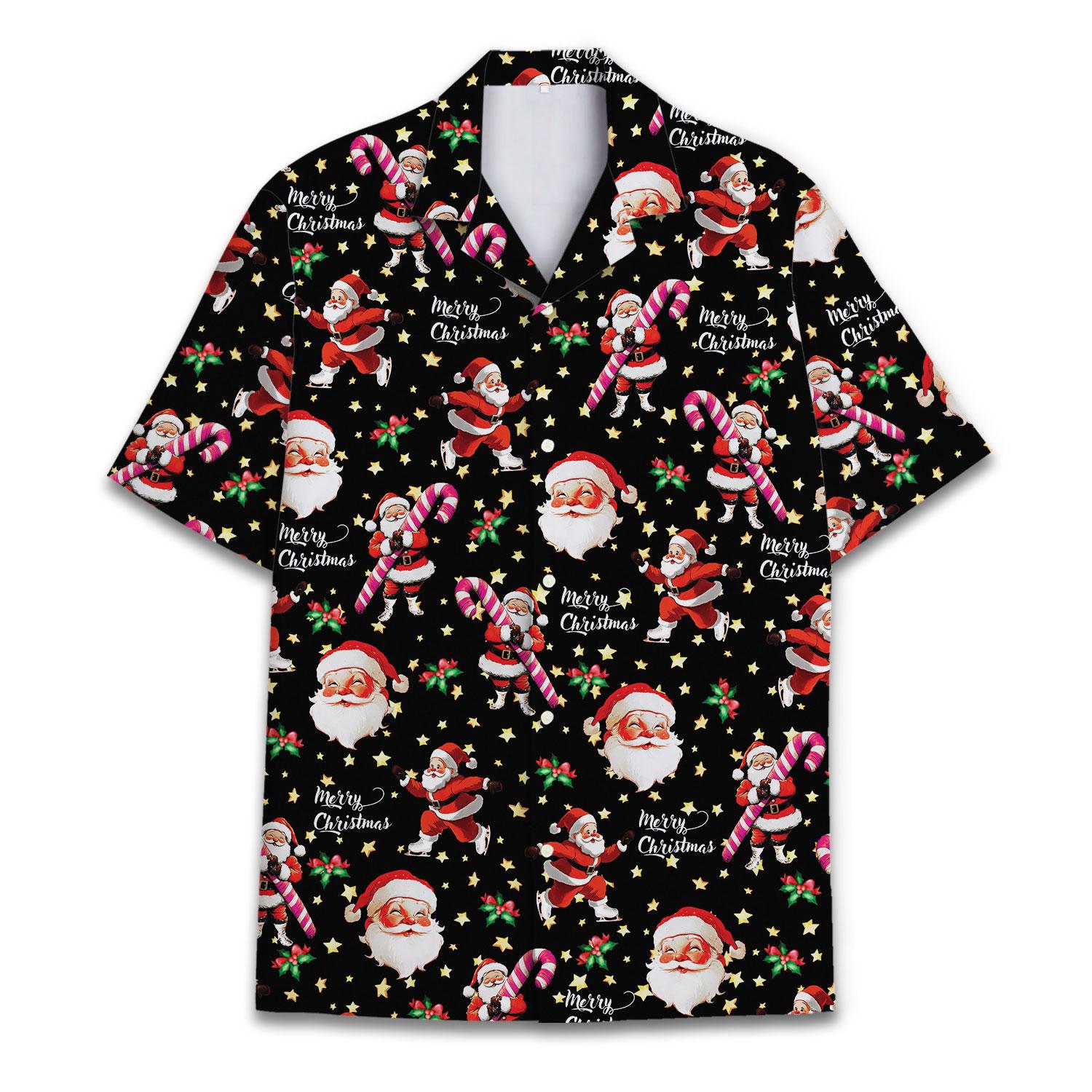 Black Christmas Hawaiian shirt with Santa and candy cane pattern