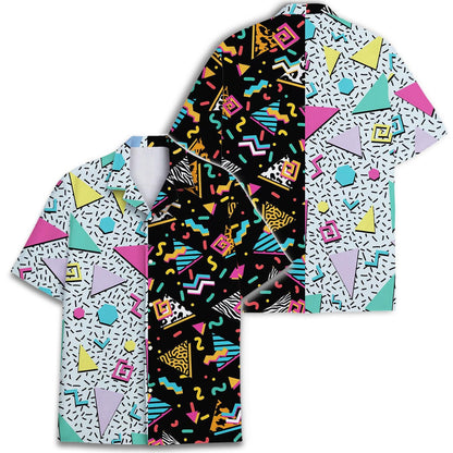 Back and front views of a retro geometric Hawaiian shirt