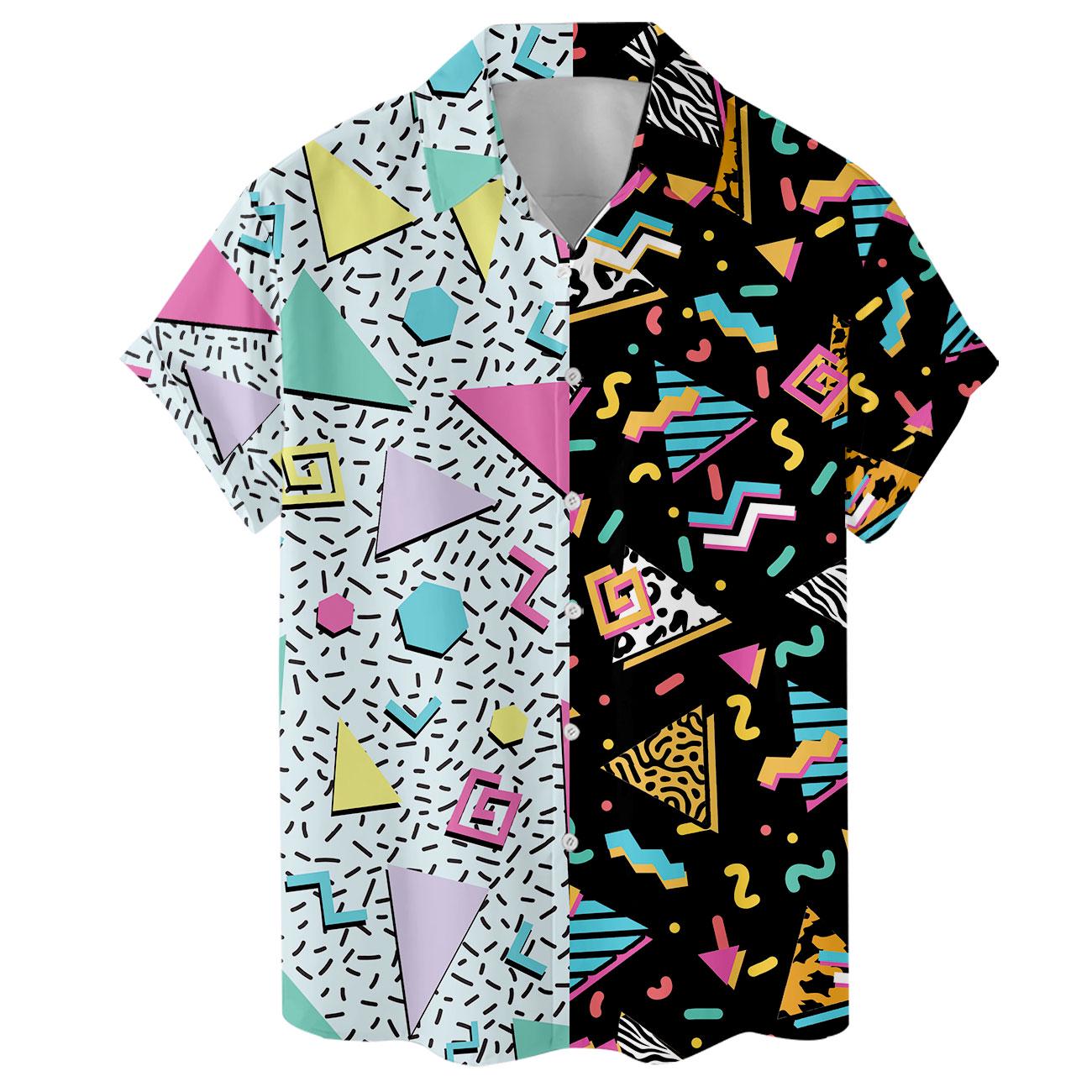 Front view showing the contrasting black and light geometric shirt panels