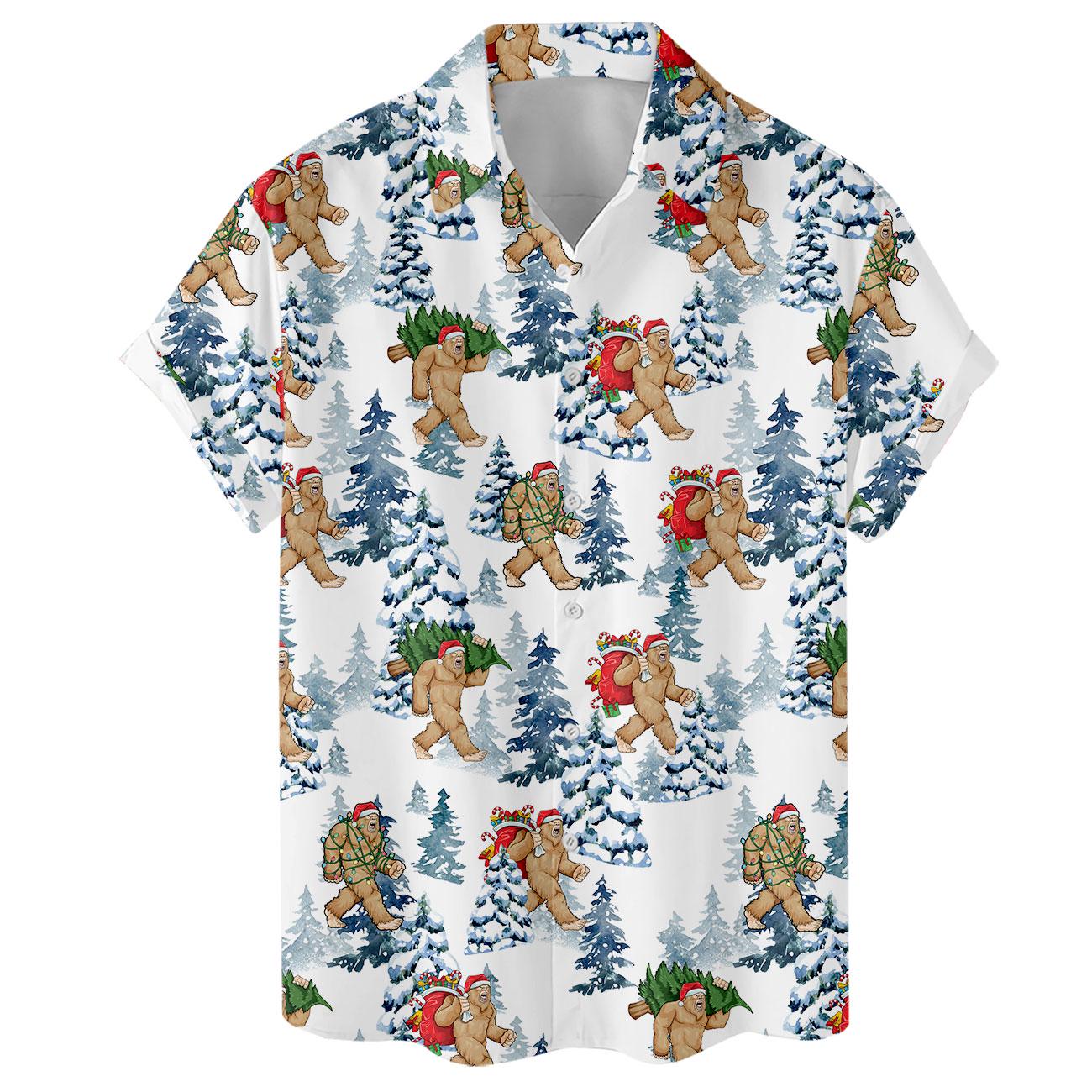 Front view of a festive Bigfoot Hawaiian shirt with Santa hats and evergreen trees