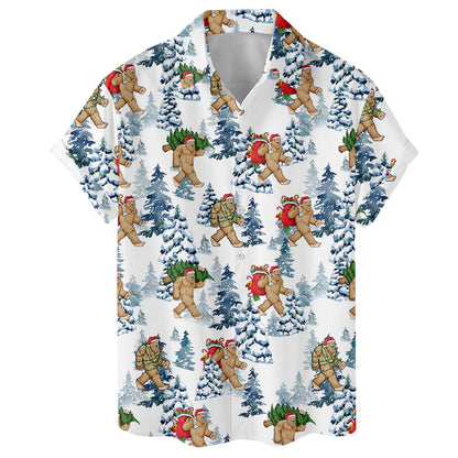 Front view of a festive Bigfoot Hawaiian shirt with Santa hats and evergreen trees