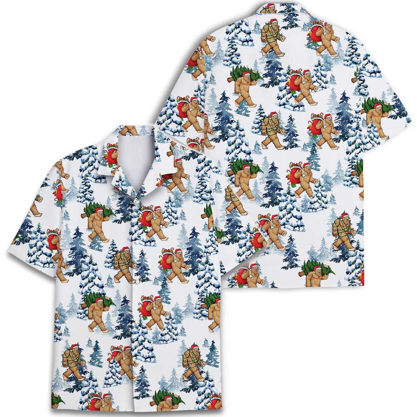 Front and back views of a snowy Christmas Sasquatch Hawaiian shirt