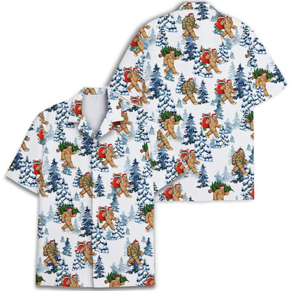 Front and back views of a snowy Christmas Sasquatch Hawaiian shirt