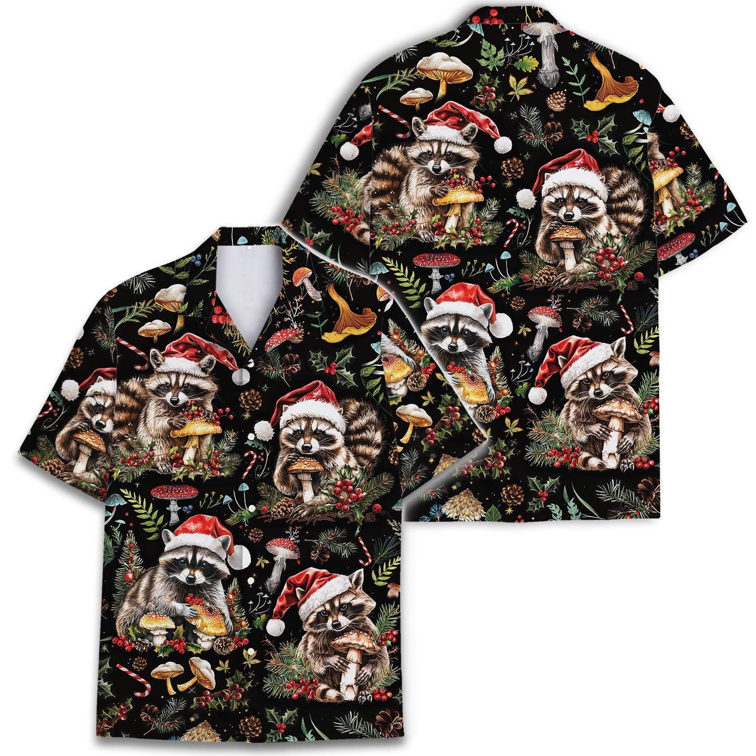 Two views of festive raccoon and mushroom Hawaiian shirt