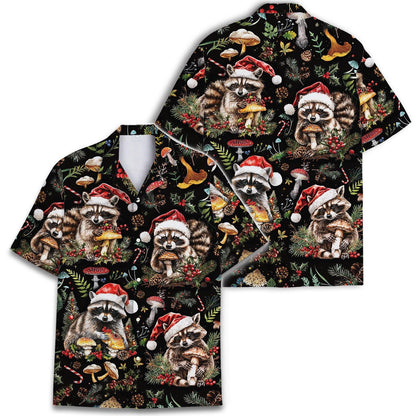 Two views of festive raccoon and mushroom Hawaiian shirt