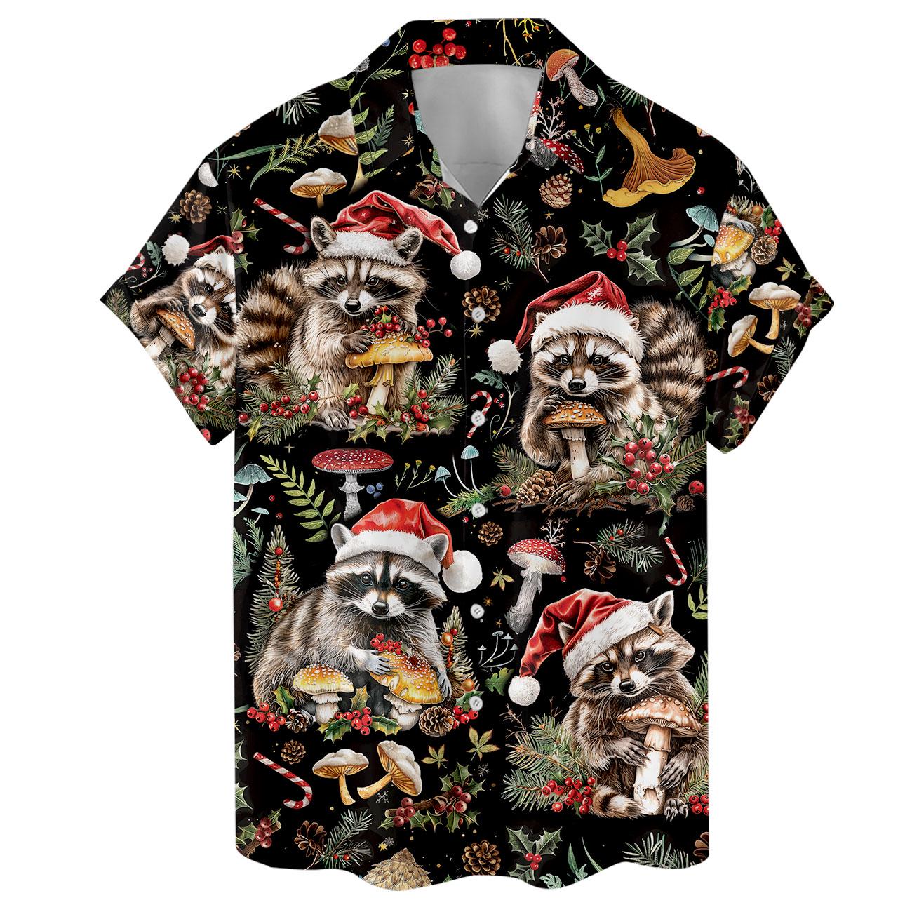 Front view of holiday Hawaiian shirt with Santa hat raccoons and woodland details